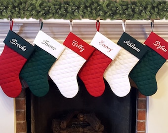 Personalized Christmas Stocking. Quilted Christmas Stocking with Ivory, Rich Red, Forest Hunter Green. Family Christmas Stockings. 7 Styles