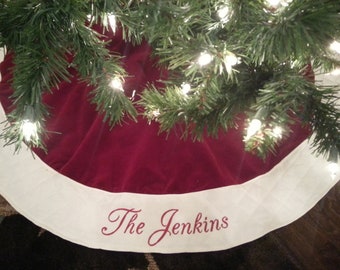 Christmas Tree Skirt. Personalized 54" Traditional Burgundy Velvet w/ Ivory or White Quilted Trim Christmas Tree Skirt. monogram Deep Red