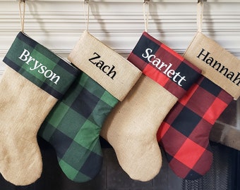 Christmas Stocking. Personalized Christmas Stocking. Natural Burlap, Black, Red or Green Buffalo Check Plaid Christmas Stockings
