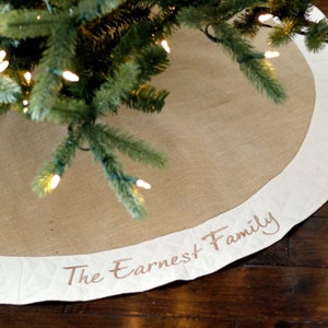 Personalized Christmas Tree Skirt. 54&quot; Burlap Christmas Tree Skirt w/ Ivory, White or Red Quilted Trim. Personalized, Embroidered Tree Skirt