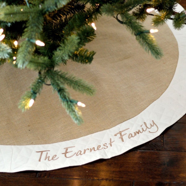 Personalized Christmas Tree Skirt. 54" Burlap Christmas Tree Skirt w/ Ivory, White or Red Quilted Trim. Personalized, Embroidered Tree Skirt