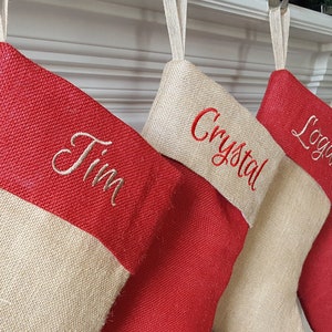 Christmas Stocking. Personalized Christmas Stocking. Natural Burlap and Red Burlap Christmas Stockings, Christmas Stockings. 1 Stocking image 1