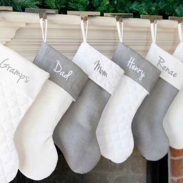 Christmas Stocking. Personalized Christmas Stocking. Gray Silver Burlap Christmas Stocking White Quilted Cotton Christmas Stockings 8 Styles