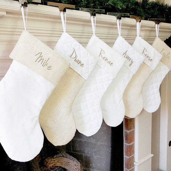 Christmas Stocking. Personalized Christmas Stocking. White Burlap & White Christmas Stockings, White Quilted Cotton Christmas Stockings