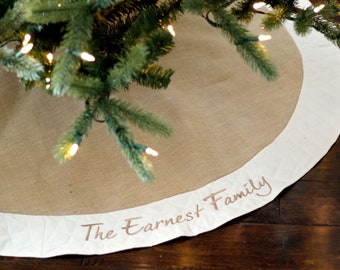 Personalized Christmas Tree Skirt. 54" Burlap Christmas Tree Skirt w/ Ivory, White or Red Quilted Trim. Personalized, Embroidered Tree Skirt