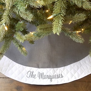 Personalized Christmas Tree Skirt. 54" Gray Silver Burlap Christmas Tree Skirt w/ White Quilted Trim. Personalized, Embroidered Tree Skirt