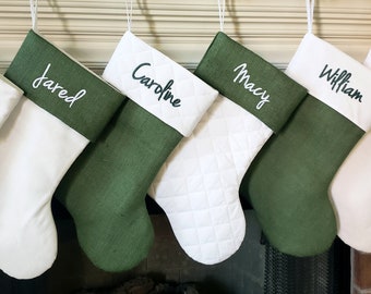 Christmas Stocking. Personalized Christmas Stocking. Hunter Forest Green Burlap Christmas Stocking White Quilted Cotton Christmas Stockings