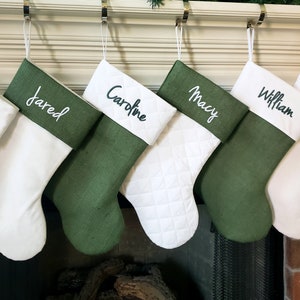 Christmas Stocking. Personalized Christmas Stocking. Hunter Forest Green Burlap Christmas Stocking White Quilted Cotton Christmas Stockings
