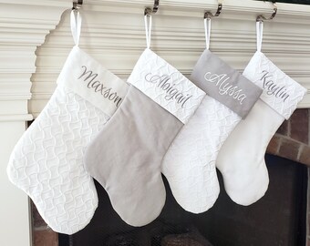 Personalized Christmas Stockings. White Textured and Decorative Cotton with Gray Silver Accents. 1 Stocking Blank or Personalized with Name