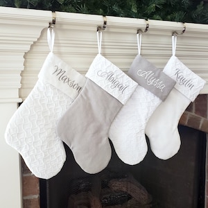 Personalized Christmas Stockings. White Textured and Decorative Cotton with Gray Silver Accents. 1 Stocking Blank or Personalized with Name