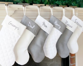 Christmas Stocking. Personalized Christmas Stocking. Gray Silver Burlap Christmas Stocking White Quilted Cotton Christmas Stockings 8 Styles