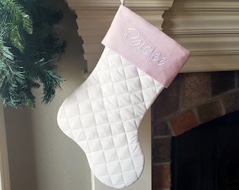 Personalized Christmas Stocking. White Quilted Christmas Stocking with Baby Pink or Dusty Light Blue Cuff