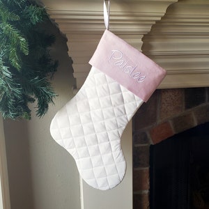 Personalized Christmas Stocking. White Quilted Christmas Stocking with Baby Pink or Dusty Light Blue Cuff