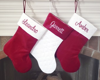 Traditional Burgundy Velvet Christmas Stocking with Ivory Cream or White Quilted top. Name Personalized. Custom Made.