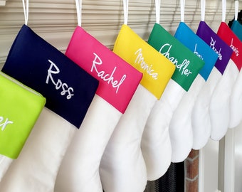 Jewel Tone Personalized Christmas Stockings on White or Burlap. Choose from 9 Tops- Red Green Turquoise Lime Yellow Pink Navy Purple Teal