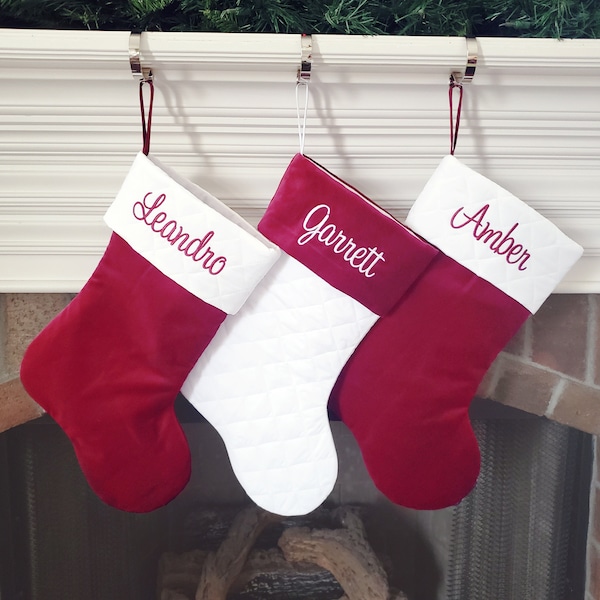 Traditional Burgundy Velvet Christmas Stocking with Ivory Cream or White Quilted top. Name Personalized. Custom Made.