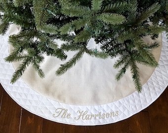 Personalized Christmas Tree Skirt. 54" White/Ivory Burlap Christmas Tree Skirt w/ White Quilted Trim. Personalized, Embroidered Tree Skirt.