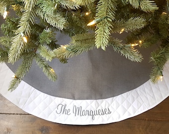 Personalized Christmas Tree Skirt. 54" Gray Silver Burlap Christmas Tree Skirt w/ White Quilted Trim. Personalized, Embroidered Tree Skirt
