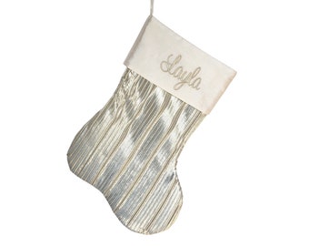 Personalized Christmas stocking. Champagne White Gold Shimmery Elegant Christmas stocking. Pleated Shiny Glitz Ivory Christmas Stocking.