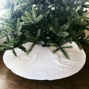 Personalized Christmas Tree Skirt. 54&quot; White Christmas Tree Skirt w/ White Quilted Trim. Personalized Embroidered or Blank. Hand Prints