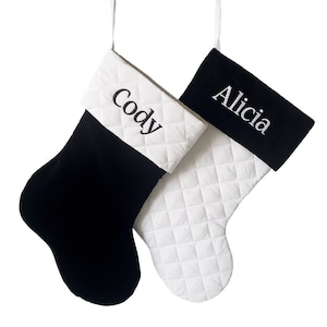 Christmas Stocking in Black Velvet with White Quilted Cuff. Personalized or Blank.