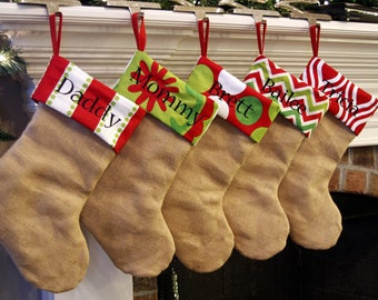 Christmas Stocking. Personalized Natural Burlap Christmas Stockings. Monogrammed Christmas stockings. Embroidered Christmas Stocking. Red