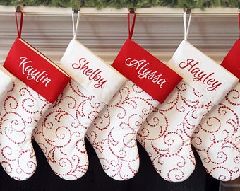 Christmas Stocking, Personalized Christmas Stockings. Christmas Stockings w/ Warm White Red Whimsical Swirl. Embroidered Christmas Stocking