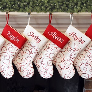 Christmas Stocking, Personalized Christmas Stockings. Christmas Stockings w/ Warm White Red Whimsical Swirl. Embroidered Christmas Stocking