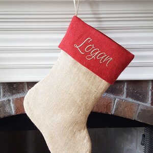 Christmas Stocking. Personalized Christmas Stocking. Natural Burlap and Red Burlap Christmas Stockings, Christmas Stockings. 1 Stocking 1-NaturalBase/RedTop