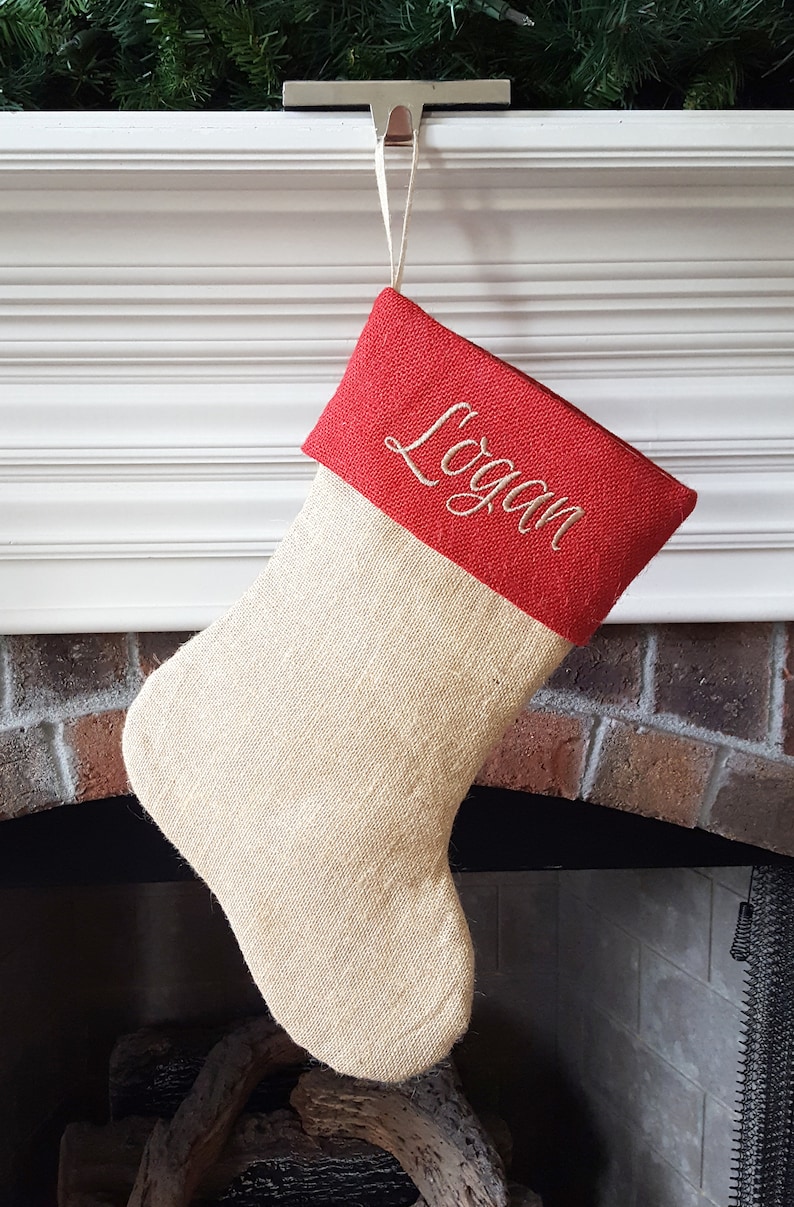 Christmas Stocking. Personalized Christmas Stocking. Natural Burlap and Red Burlap Christmas Stockings, Christmas Stockings. 1 Stocking 1-NaturalBase/RedTop