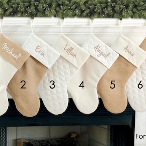 Christmas Stocking. Personalized Christmas Stocking. 8 Styles Christmas Stockings. Natural Burlap, Ivory Cream Quilted. 1 Christmas Stocking image 6