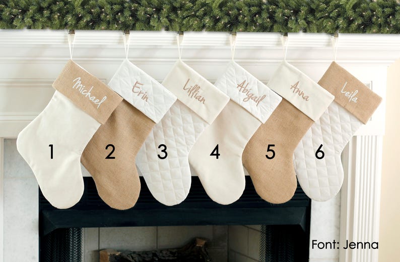 Christmas Stocking. Personalized Christmas Stocking. 8 Styles Christmas Stockings. Natural Burlap, Ivory Cream Quilted. 1 Christmas Stocking image 6