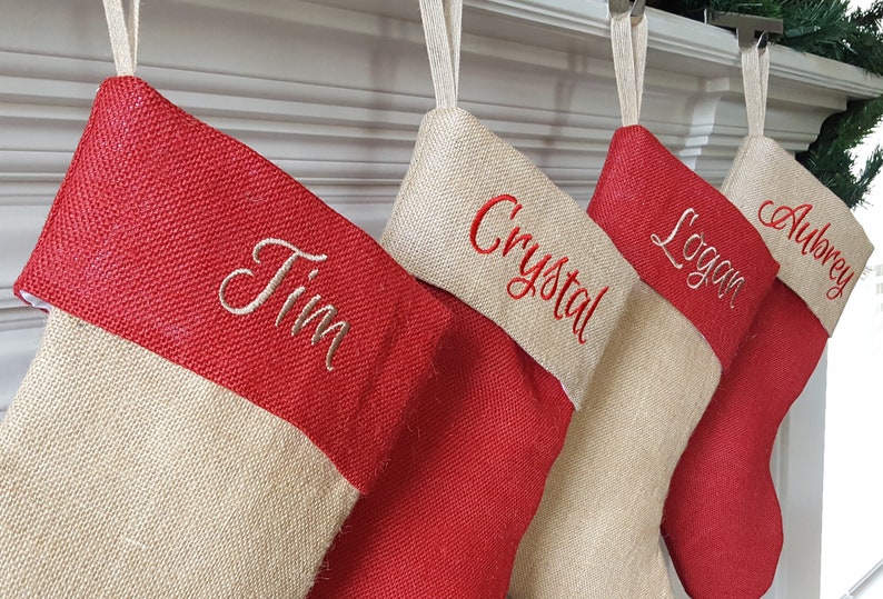 Christmas Stocking. Personalized Christmas Stocking. Natural Burlap and Red Burlap Christmas Stockings, Christmas Stockings. 1 Stocking image 1