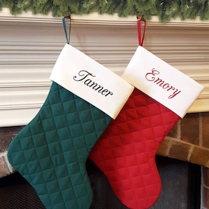 Personalized Christmas Stocking. Quilted Christmas Stocking with Ivory, Rich Red, Forest Hunter Green. Family Christmas Stockings. 7 Styles image 2