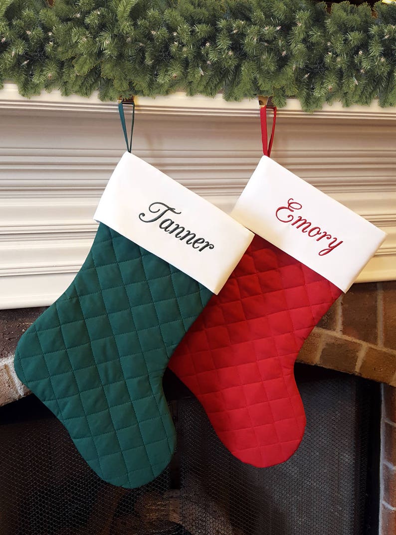 Personalized Christmas Stocking. Quilted Christmas Stocking with Ivory, Rich Red, Forest Hunter Green. Family Christmas Stockings. 7 Styles image 2