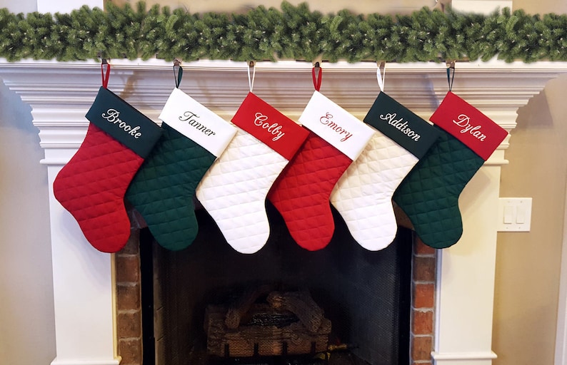 Personalized Christmas Stocking. Quilted Christmas Stocking with Ivory, Rich Red, Forest Hunter Green. Family Christmas Stockings. 7 Styles image 1