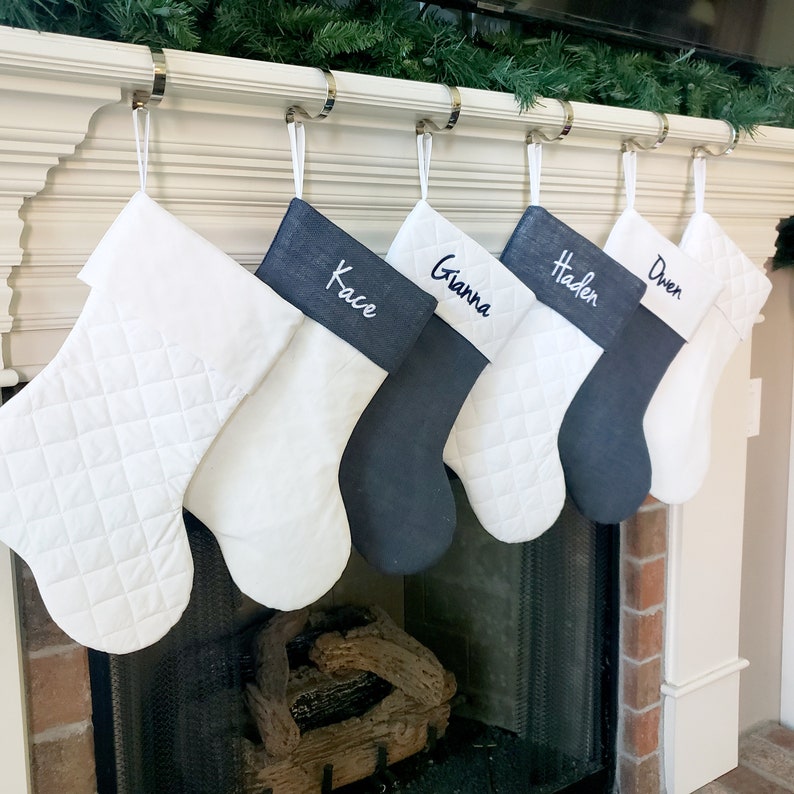 Personalized Christmas Stocking in Navy Blue Burlap White Etsy
