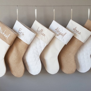 Christmas Stocking. Personalized Christmas Stocking. 8 Styles Christmas Stockings. Natural Burlap, Ivory Cream Quilted. 1 Christmas Stocking image 5