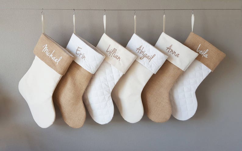 Christmas Stocking. Personalized Christmas Stocking. 8 Styles Christmas Stockings. Natural Burlap, Ivory Cream Quilted. 1 Christmas Stocking image 5