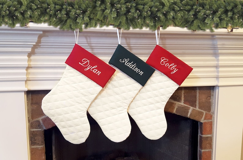 Personalized Christmas Stocking. Quilted Christmas Stocking with Ivory, Rich Red, Forest Hunter Green. Family Christmas Stockings. 7 Styles image 3