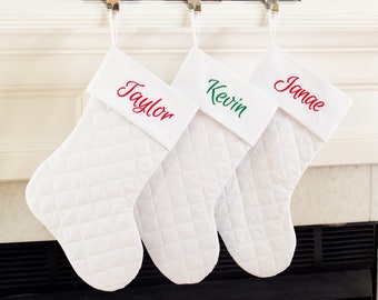 Personalized Christmas Stocking. White Christmas Stocking. White Quilted Christmas Stocking.