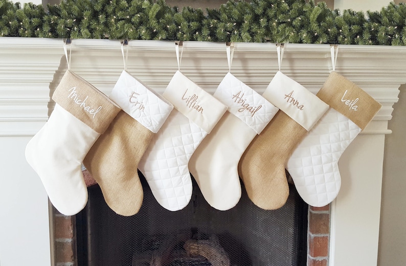 Christmas Stocking. Personalized Christmas Stocking. 8 Styles Christmas Stockings. Natural Burlap, Ivory Cream Quilted. 1 Christmas Stocking image 2