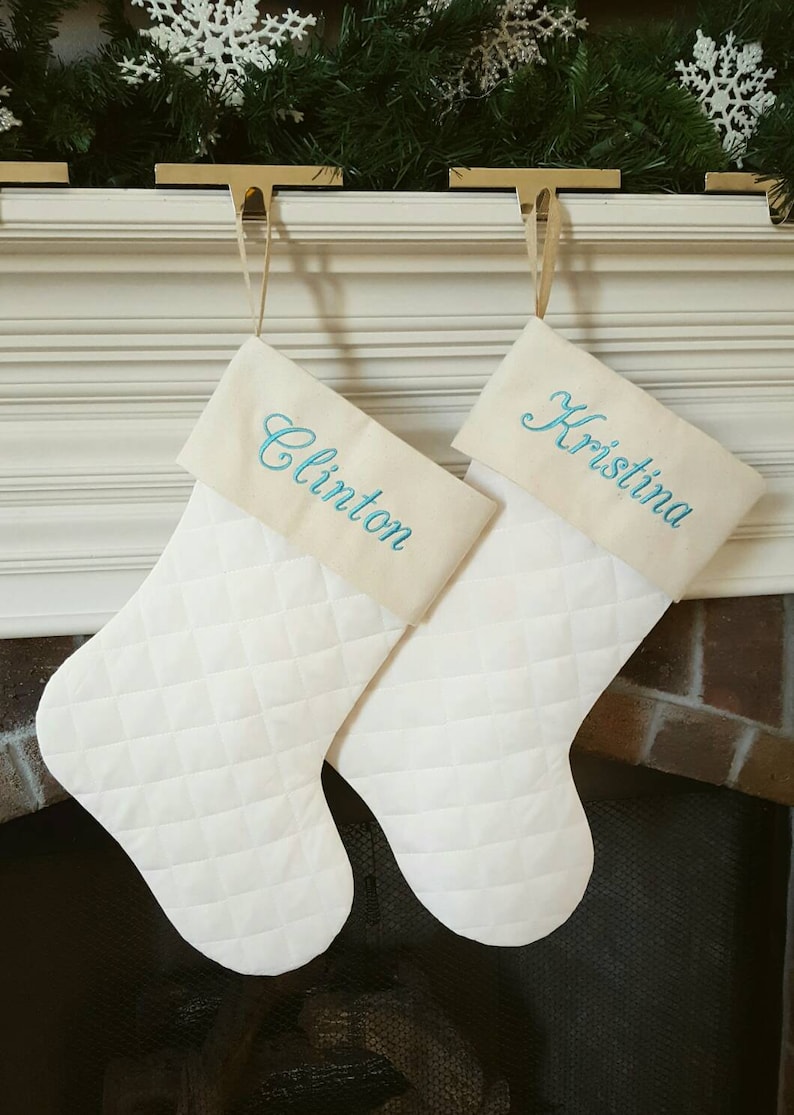 Christmas Stocking. Personalized Christmas Stocking. 8 Styles Christmas Stockings. Natural Burlap, Ivory Cream Quilted. 1 Christmas Stocking image 3