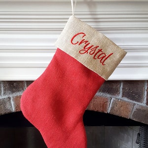 Christmas Stocking. Personalized Christmas Stocking. Natural Burlap and Red Burlap Christmas Stockings, Christmas Stockings. 1 Stocking 2-RedBase/NaturalTop