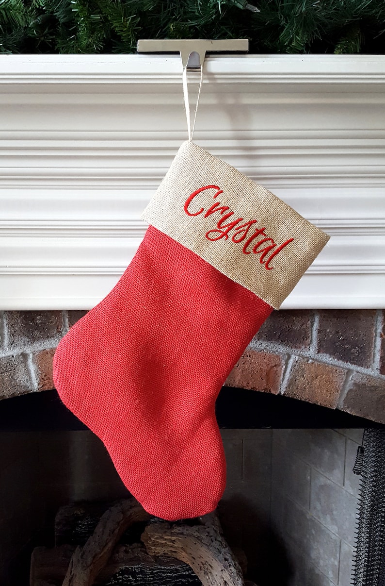 Christmas Stocking. Personalized Christmas Stocking. Natural Burlap and Red Burlap Christmas Stockings, Christmas Stockings. 1 Stocking 2-RedBase/NaturalTop