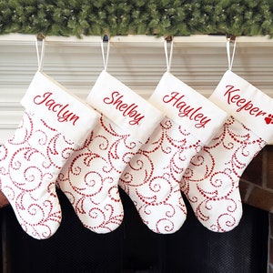 Christmas Stocking, Personalized Christmas Stockings. Christmas Stockings w/ Warm White Red Whimsical Swirl. Embroidered Christmas Stocking Warm White