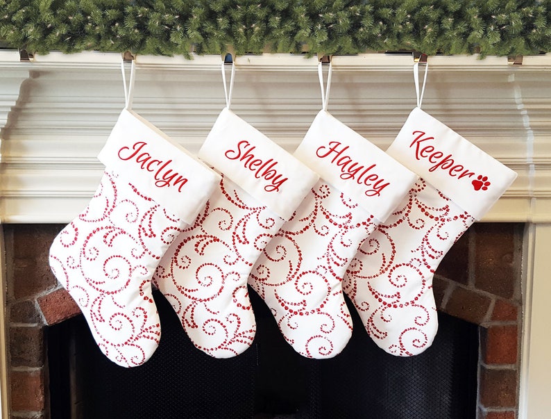 Christmas Stocking, Personalized Christmas Stockings. Christmas Stockings w/ Warm White Red Whimsical Swirl. Embroidered Christmas Stocking Warm White