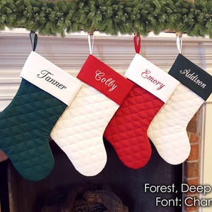 Personalized Christmas Stocking. Quilted Christmas Stocking with Ivory, Rich Red, Forest Hunter Green. Family Christmas Stockings. 7 Styles image 4