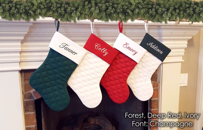 Personalized Christmas Stocking. Quilted Christmas Stocking with Ivory, Rich Red, Forest Hunter Green. Family Christmas Stockings. 7 Styles image 4