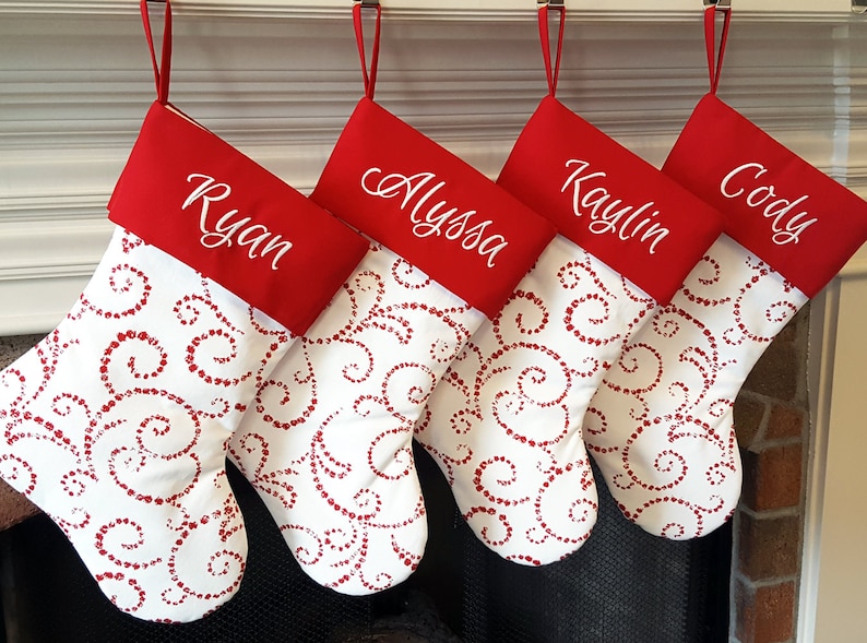 Christmas Stocking, Personalized Christmas Stockings. Christmas Stockings w/ Warm White Red Whimsical Swirl. Embroidered Christmas Stocking Red